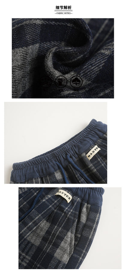 2025 Autumn Winter Cotton Boys Casual Pants Children Fleece-Lined Kids Plaid Loose Long Trouser Soft Warm 3-12 Years Outfit