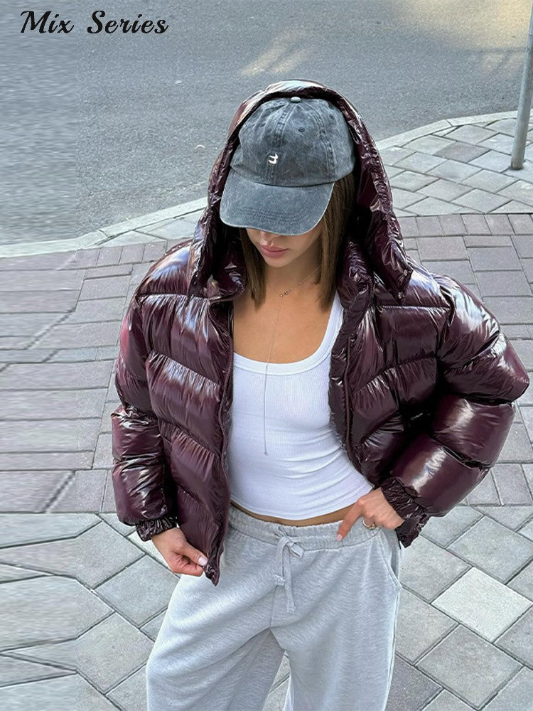 Fashion Glossy Padded Jacket Women's Solid Turtleneck Long Sleeve Warm Down Coat 2025 Autumn Winter New Lady Casual Outerwear