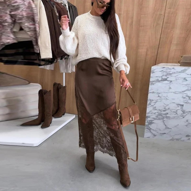 Satin Skirts Women Loose High Waist Patchwork Lace See Through Skirt Female 2025 Chic Solid Sexy Elegant Streetwears