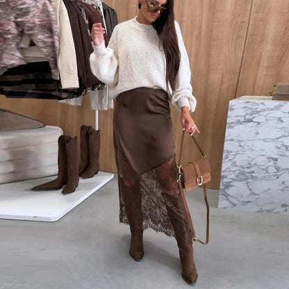 Satin Skirts Women Loose High Waist Patchwork Lace See Through Skirt Female 2025 Chic Solid Sexy Elegant Streetwears