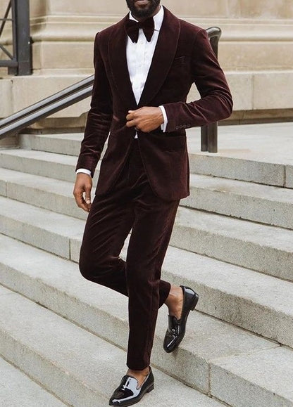 Brown Velvet Casual Suits Set For Men 2 Oieces (Blazer+Pants)  Shawl Lapel Elegant Wedding Tuxedos Autumn Male Outfit Clothing