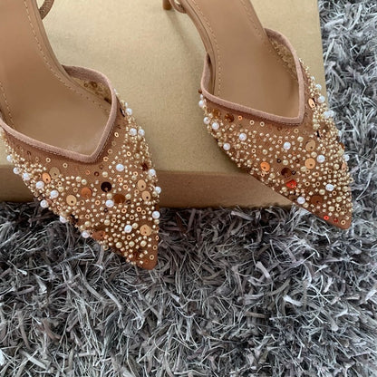 Fashion High Heeled Formal Party Shoes for Lady Luxury Sequin Pearl Stiletto Elengat Mesh Slingbacks Women Modern Sandals