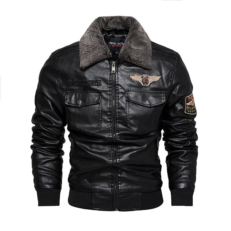 Men's Autumn And Winter Embroidery Original Leather Moto & Biker Coat Jacket Motorcycle Style Casual Warm Overcoat