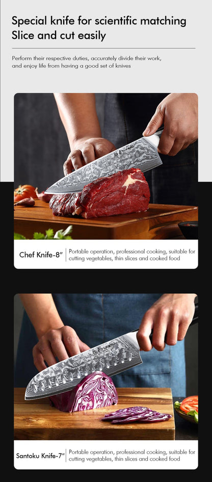 TURWHO Melhores Utensílios de Cozinha de 1 ou 7 Peças, Conjunto Profissional de Aço Damasco de 67 Camadas Com Excelente Bloco de Facas de Madeira de Acácia