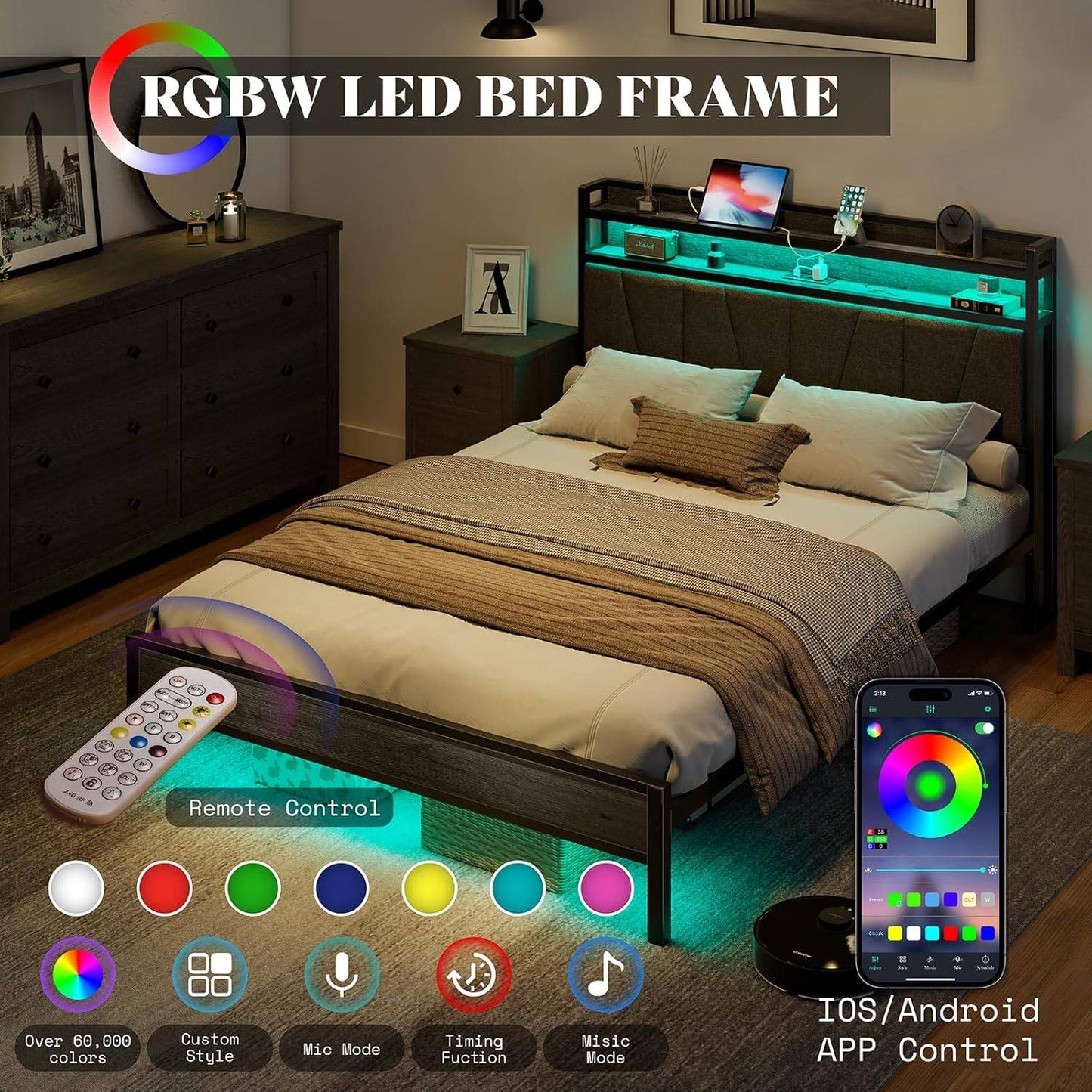 Estrutura de Cama Queen Size com Luzes RGB e Estação de Carregamento, Estrutura de Cama de LED com Cabeceira de Armazenamento Estofada em Linho, Serviço Pesado D