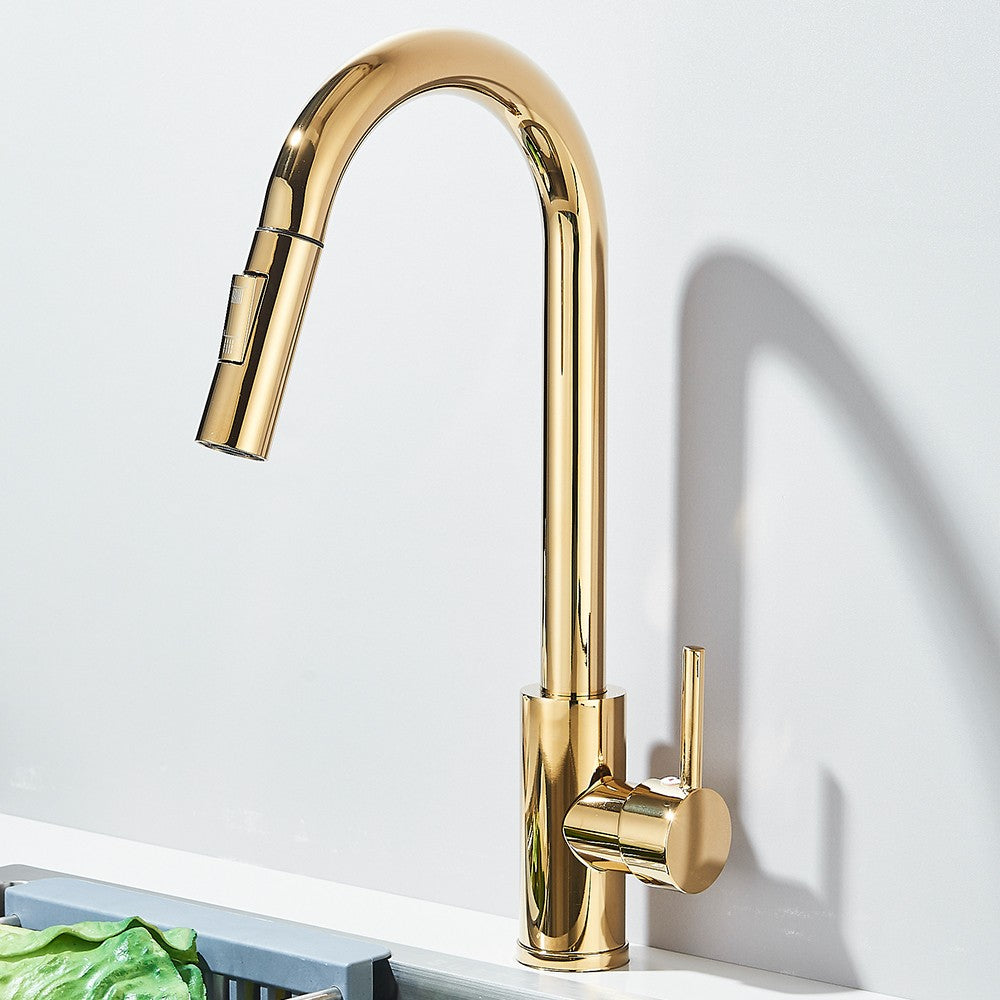 Torneira Misturadora de Cozinha Monocomando Quente e Frio com Bico Extensível e Duas Funções, Montada na Bancada