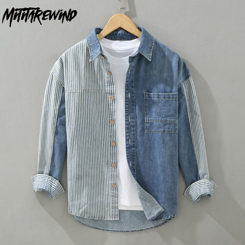 New Men's Denim Shirts Spring Streetwear Long Sleeve Jean Tops Slim Stripe Patchwork Design Cowboy Shirt Youth Fashion Overshirt