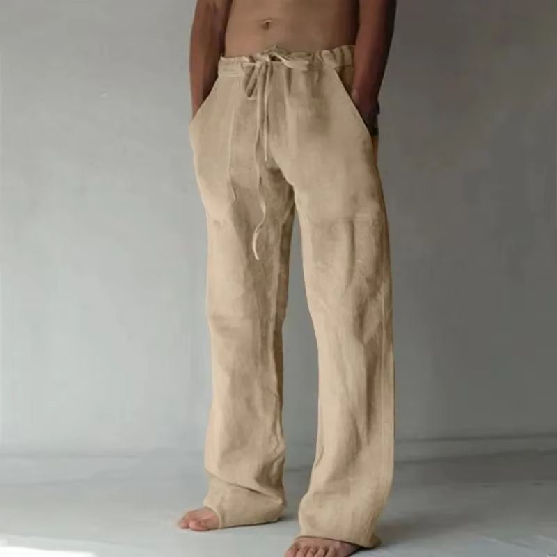 Men's Linen Casual Pants Elastic Waist Beach Pants Lightweight Drawstring Summer Yoga Pants Solid Color Beach Pants