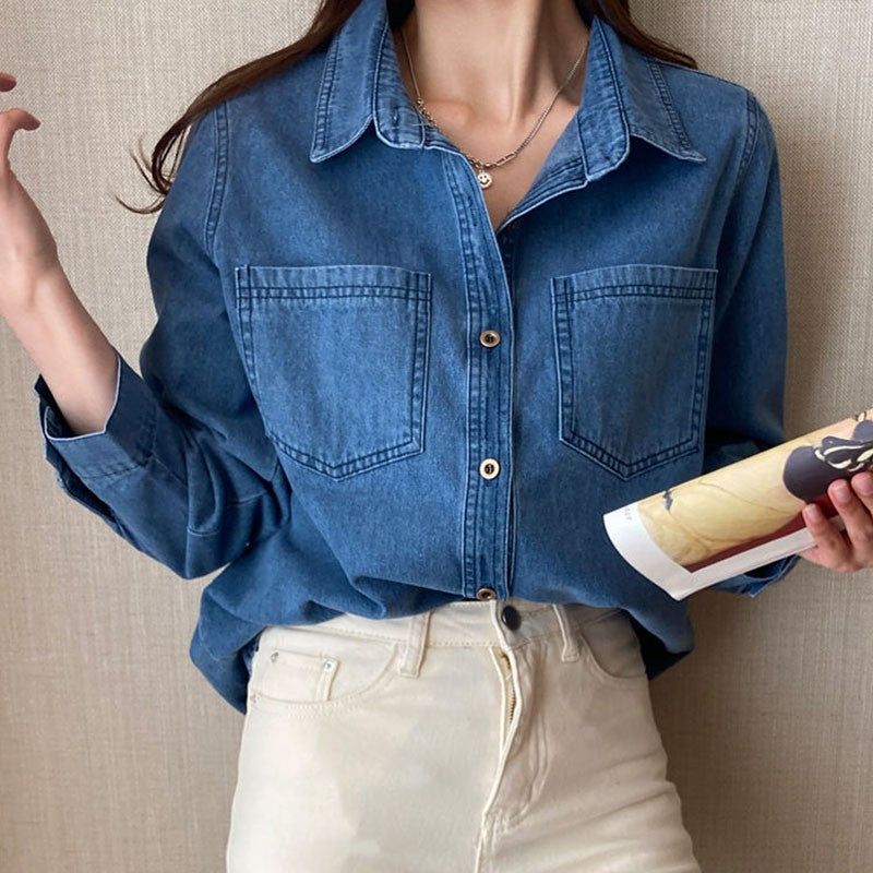 Lucyever Blue Denim Shirt Women 2023 Autumn New Single-Breasted Jeans Blouses Female Pockets Loose Fashion Lapel Cowboy Blusas
