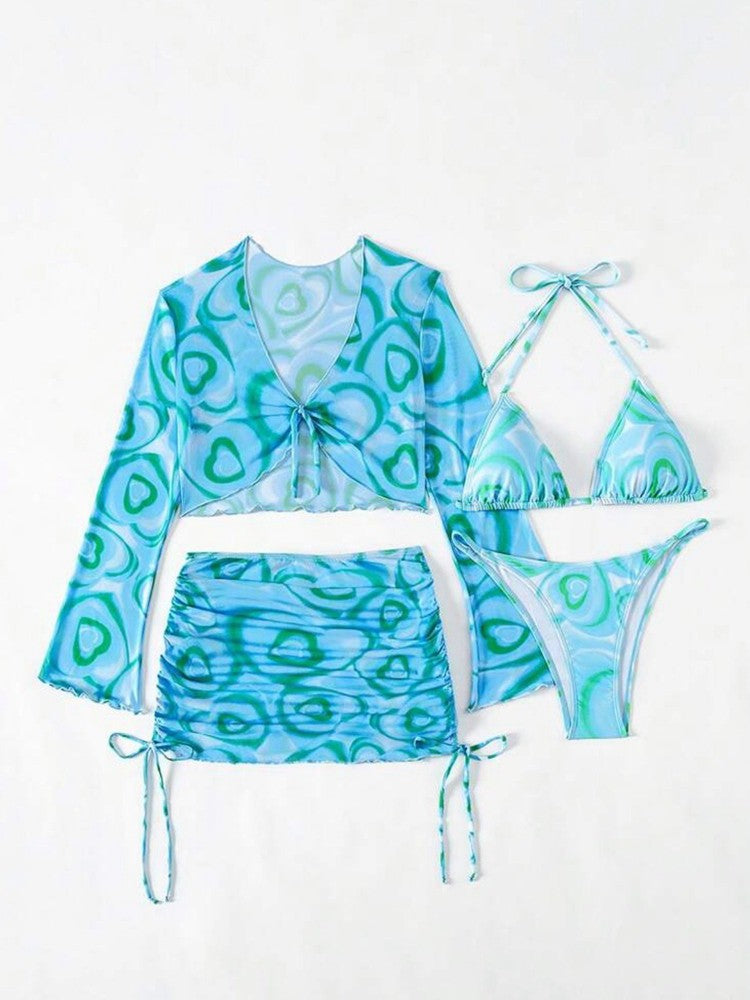 Women Bikini 4 Piece Set Tie Dye/Mesh Lace Long Sleeved Top Skirt Bottom Halter Bikini 2025 New Sexy Slim Beachwear Size S-XL