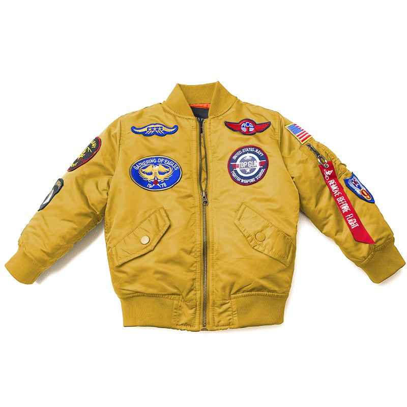 2023 Military Pilot Flight Quilted Winter Kids Toddler Clothes Boys Girls Satin Letterman Varsity Bomber Jacket with Patches