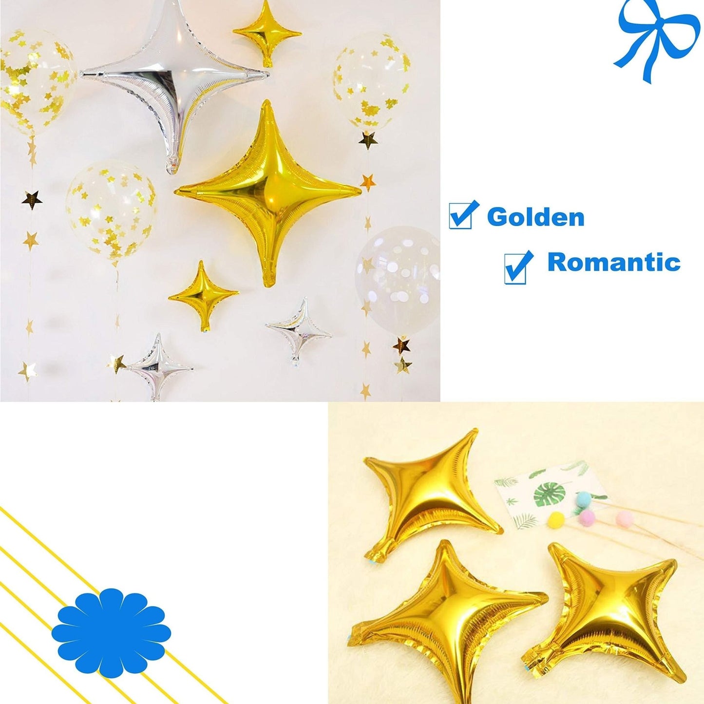 20-Pack of Silver Four-Pointed Star Balloons, Party Foil Balloons, 4 Silver Four-Pointed Star Balloons and 16 Silver 10inch Four-Pointed Star Balloons, Suitable for Birthday Parties, Theme Party Decorations