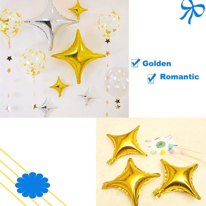 20-Pack of Silver Four-Pointed Star Balloons, Party Foil Balloons, 4 Silver Four-Pointed Star Balloons and 16 Silver 10inch Four-Pointed Star Balloons, Suitable for Birthday Parties, Theme Party Decorations