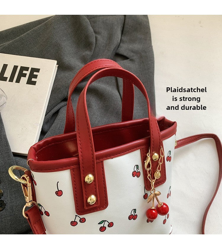 Women PU Cherry Shoulder Bag Large Capacity Trendy Commuting Bag with Cherry Pendant Stylish Crossbody Bag Aesthetic Handbag