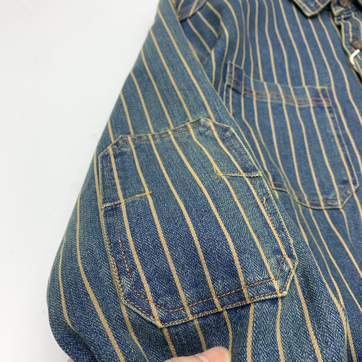 Heavy wash to make old striped shirt men's heavy chunky cargo denim jacket Autumn vintage Amei khaki coat