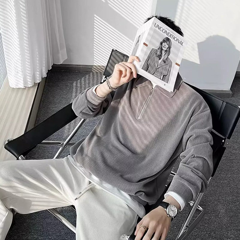 Autumn Vintage Polo Collar Sweater Men's Thickened Loose-Fit Half Zipper Knitwear New Anti-Pilling Flip Pullover Knit Sweaters