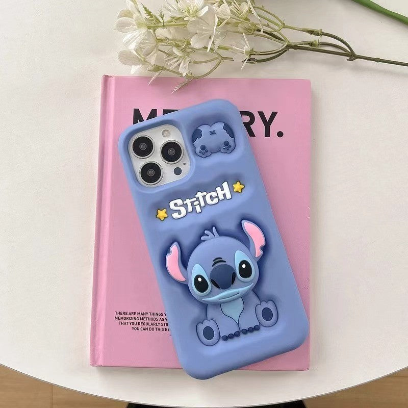 Capa de celular 3D fofa de desenho animado Stitch para iPhone 17 16 15 14 13 12 Pro Max 11 com suporte de silicone macio e pega de cabeça fofa
