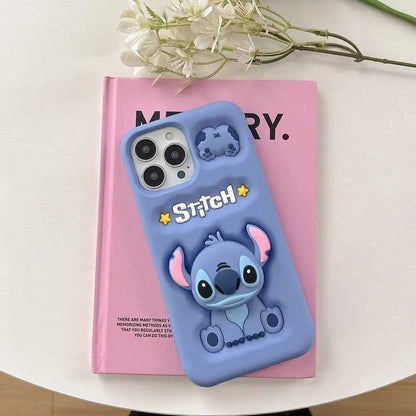 Capa de celular 3D fofa de desenho animado Stitch para iPhone 17 16 15 14 13 12 Pro Max 11 com suporte de silicone macio e pega de cabeça fofa