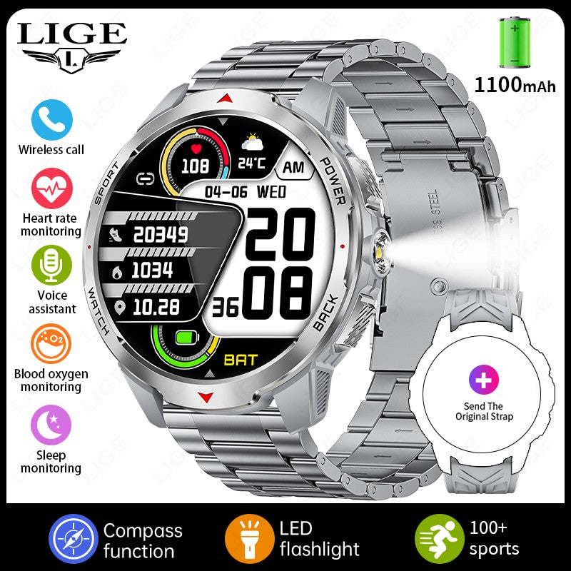 LIGE Novo Smartwatch Masculino com Bateria de 1100mAh para Esportes ao Ar Livre, Lanterna LED, Bússola, Chamada Bluetooth