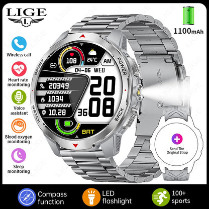 LIGE Novo Smartwatch Masculino com Bateria de 1100mAh para Esportes ao Ar Livre, Lanterna LED, Bússola, Chamada Bluetooth