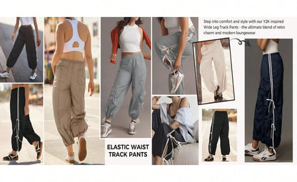 Fisoew Womens Wide Leg Track Pants Casual Elastic Waist Bow Tie Y2K Baggy Sweatpants with Pockets