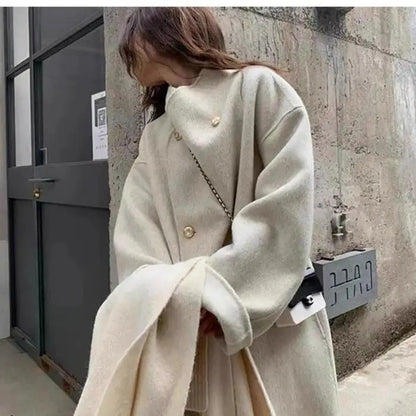 Light Grey Woolen Coat Women's Long Loose Korean Style Fashionable Autumn Winter New Arrival Polyester Fiber Full Sleeve