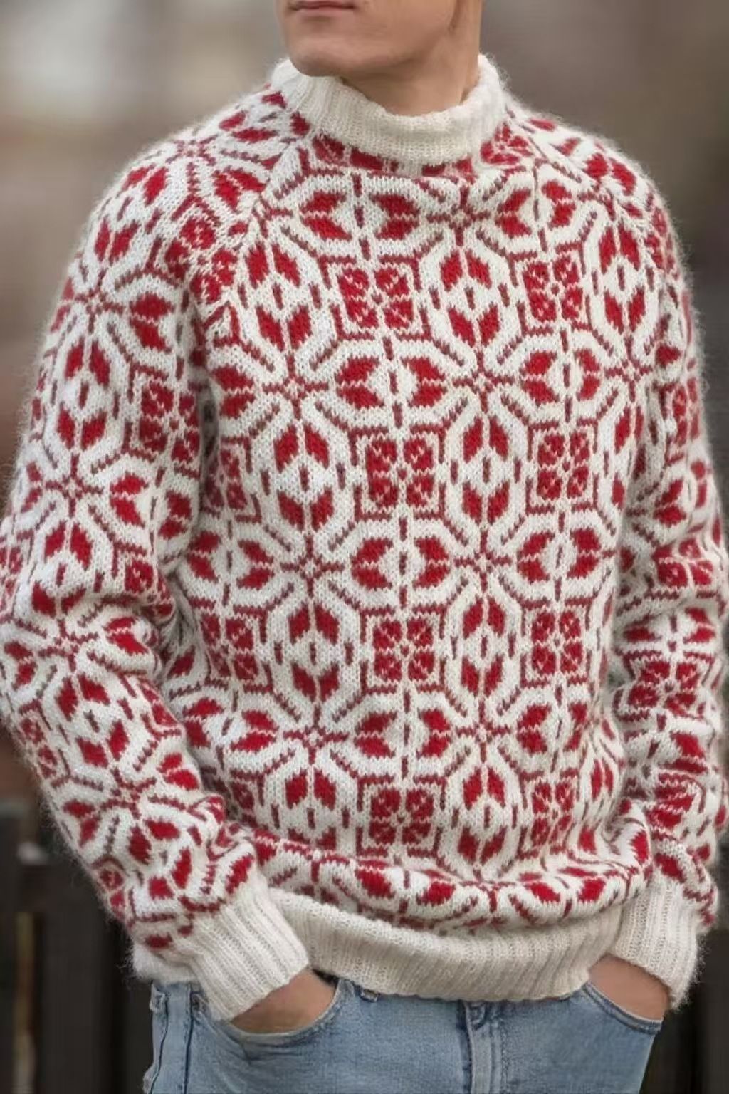 New Style Simple Retro Fresh Jacquard Sweater Loose Street Pullover Contrast Color Long Sleeve Knitted