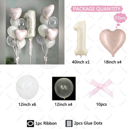 32inch Pink Bows Number Balloons Cream White Beige Number Foil Balloons Pink Bows For Birthday Coquette Themed Party Decor