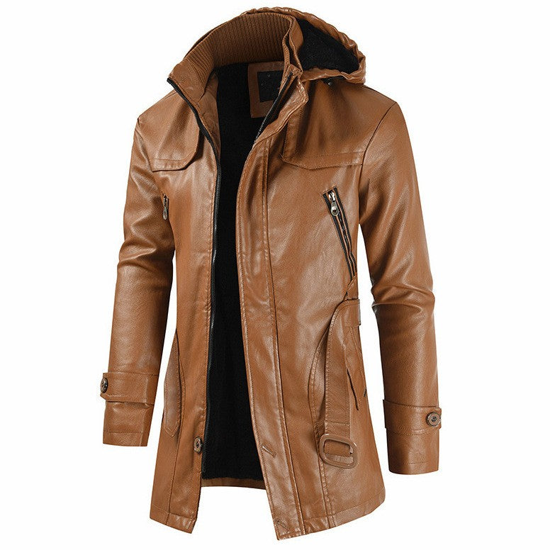 Coat Windproof Clothes Men's Hooded Long Leather coat Men's Leather Motorcycle Leather fashion Winter Korean Fashion Jacket