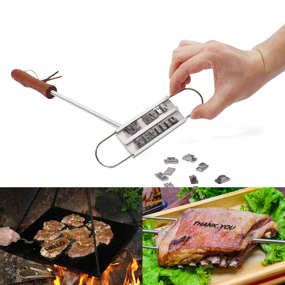 LMETJMA BBQ Meat Branding Iron with Changeable Letters Personalized Barbecue Grilling Meat Steak Names Marking Stamp Tool KC0299