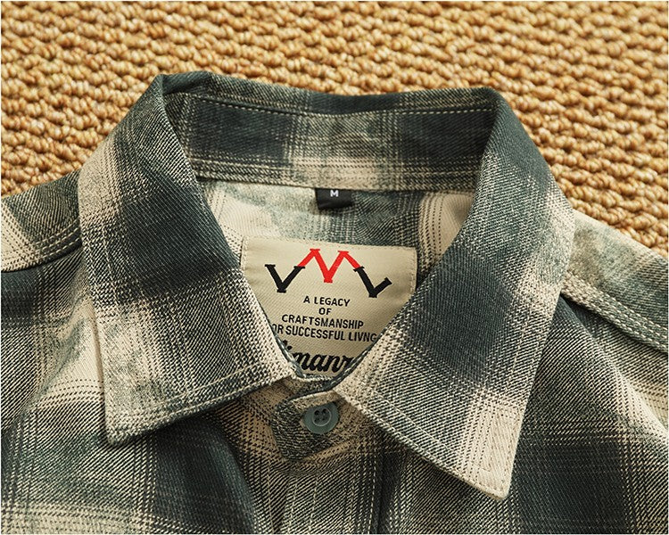 Autumn New Japanese Retro Long-Sleeve Lapel Plaid Cargo Shirt Men's Simple 100% Cotton Washed Pocket Casual Blouses Thin Coat