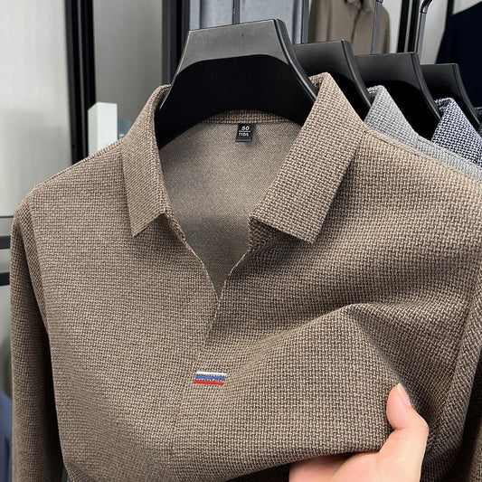 High end brand men's long sleeve V-neck polo shirt autumn fashion new striped embroidery design boutique golf top casual T-shirt