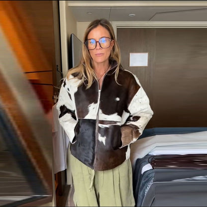 Fashion Women's Cow Print Jacket Lapel Collar Short Length Zipper Button Coats 2025 Autumn Winter Female Trendy Warm Outerwear