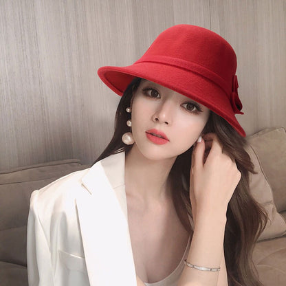 2022 Outono Inverno Fedoras Chapéu Feminino Elegante Vintage Laço Lã Chapéu Feminino Cúpula Feltro Casamento Igreja Boné Jazz Feminino Laço Cartola
