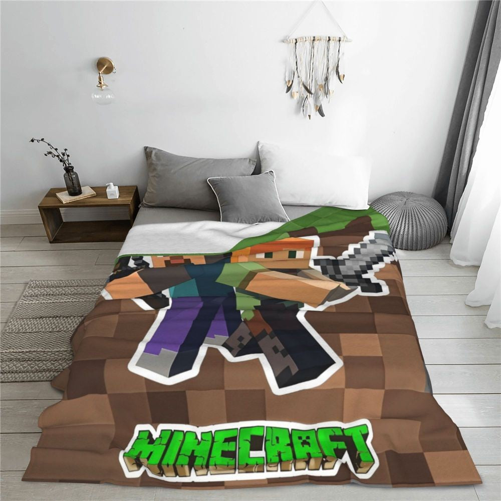 Cartoon Mines Pixel Game Crafts Flannel Blanket Super Warm Throw Blanket for Home Decor Decorative Street Trend Bedspread