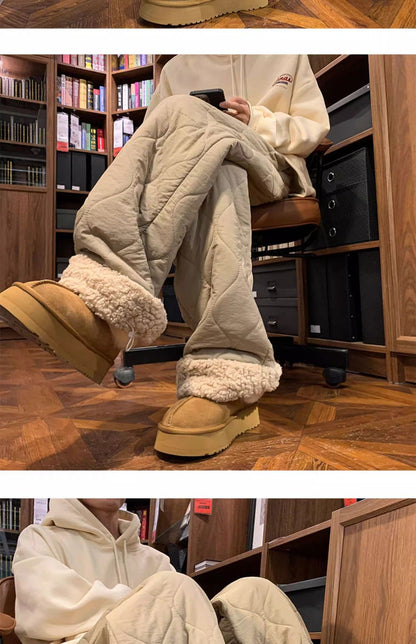 Heavy Winter Cotton Waterproof Splicing Lamb Fleece Cotton Pants for Men and Women, Solid Color Diamond Grid Embroidered Clip Co