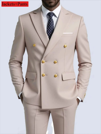 Double Breasted Light Gray Suit Men Wedding Prom Party Business Groom Tuxedo Wedding Suit (Blazer+Pant)