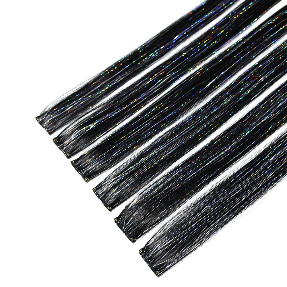 Extensões de Cabelo Sintéticas Rosa Choque com 6 Clipes, Mechas Metálicas, Extensões Coloridas de 55cm, Cabelo Arco-Íris 2 em 1