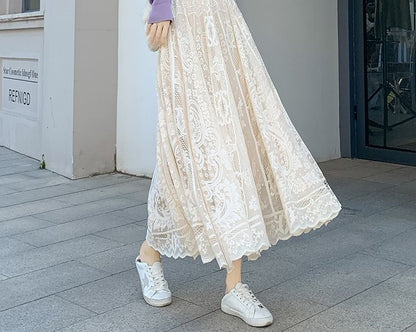 Plus Size plus Size Lace Hollow out f Skirt mid Waist Long Sle Fairy Skirt A-Line Umbrella Skirt Trendy Women's Clothing