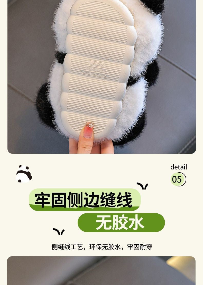 Cute panda children's slippers girls indoor slip on shoes, 2025 cartoon animal fur slippers house children flip flops