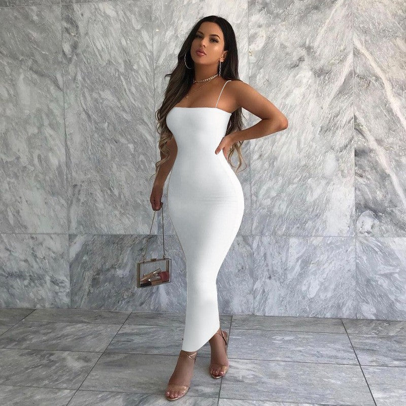 Nsangu 2024 Autumn Winter Women Solid White Black Strap Midi Dress Bodycon Sexy