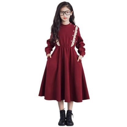 Girls' Dress New Style For  Children Stand Collar Waist-Cinching Slimming Mid-Length Dress Long Sleeve For Kids 5-12Y