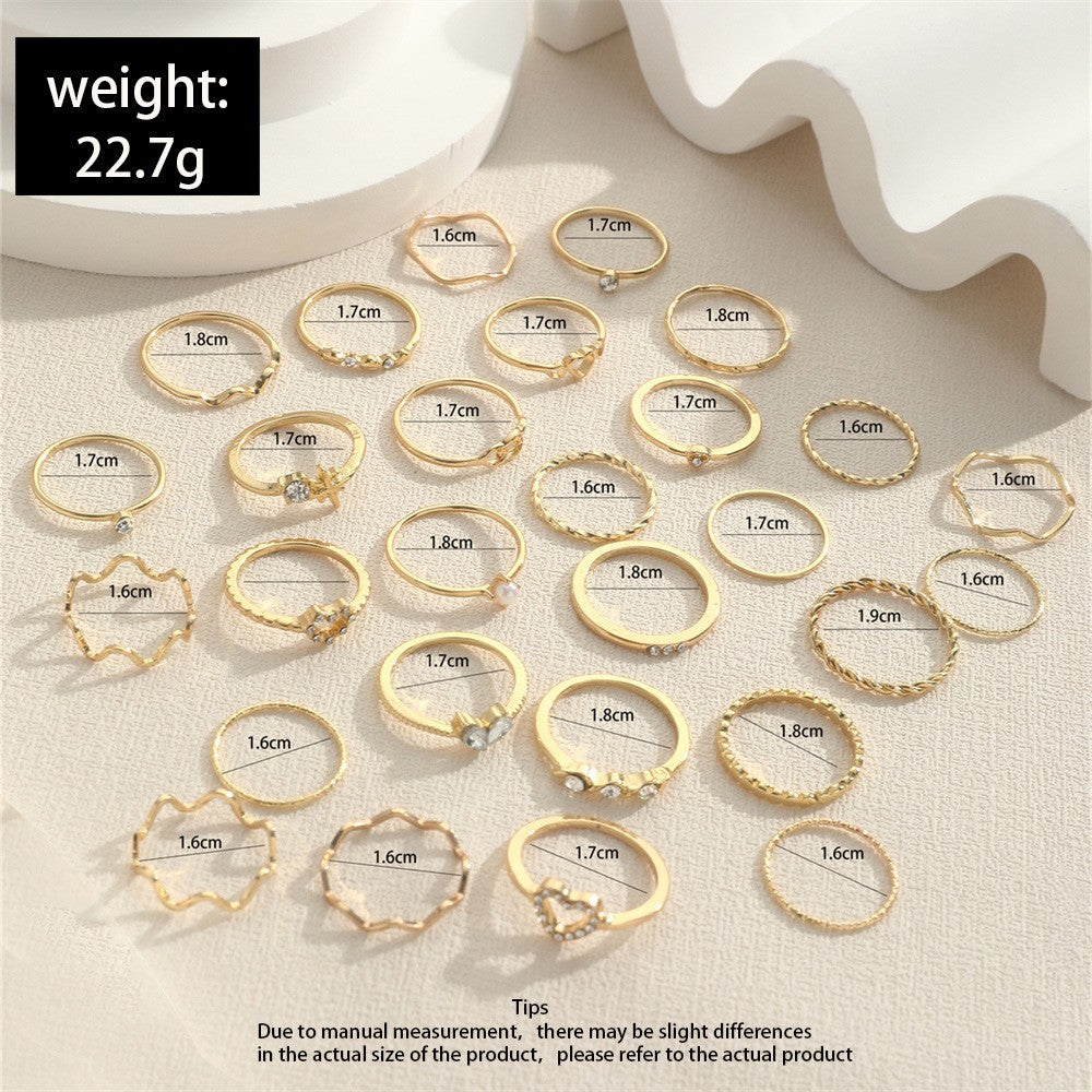 Conjunto de Anéis Articulados de Onda Simples de Moda para Mulheres Anel Feminino de Cor Ouro Prata em Formato de Coração de Cristal Joias de Festa