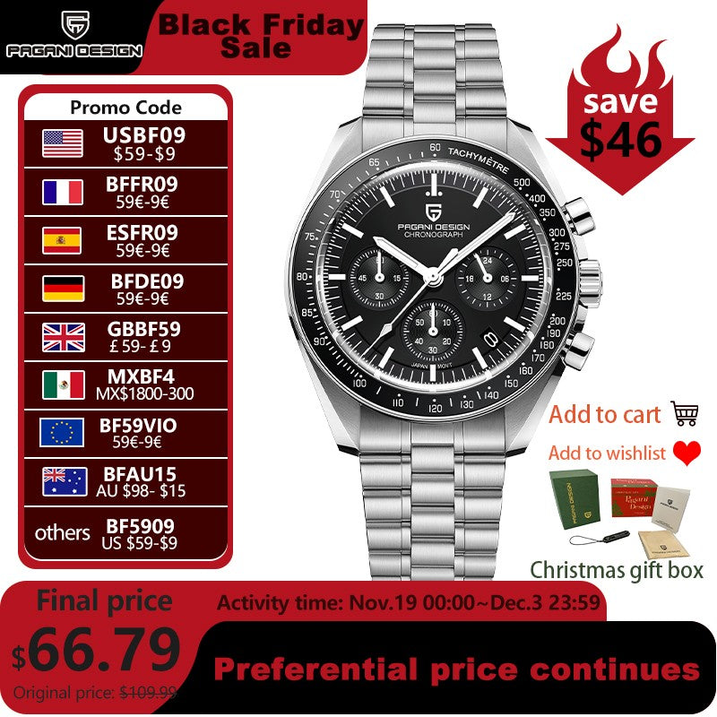 PAGANI DESIGN 2025 New Men's Watches Top Luxury Quartz Watch For Men Auto Date Speed Chronograph AR Sapphire Mirror Wrist watch