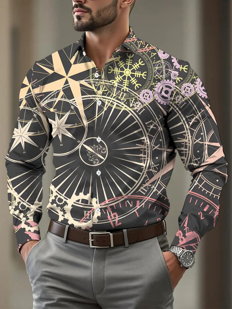 New Men's Casual Shirt Long Sleeves Ethnic Style Button Collar Shirt Vintage Shirt Fashion Men's Clothing Casual Top