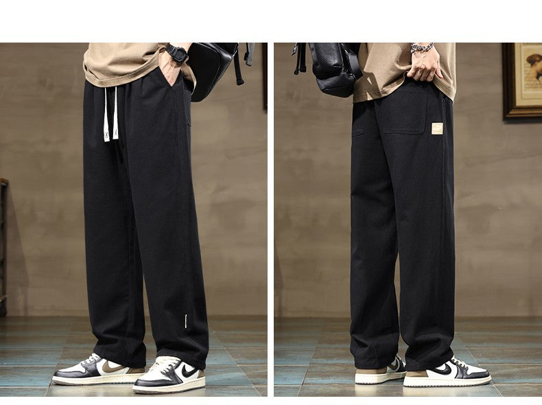 100% Cotton Men's Loose Wide Leg Pants Elastic Waist Fashion ArmyGreen Khaki Korean Streetwear Autumn Straight Trousers