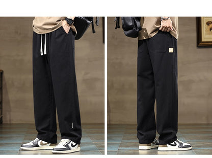 100% Cotton Men's Loose Wide Leg Pants Elastic Waist Fashion ArmyGreen Khaki Korean Streetwear Autumn Straight Trousers