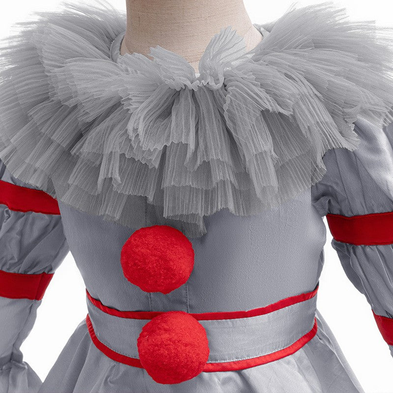 Kids Scary Joker Pennywise Cosplay Costume Horror Ghost Movie It Puff Sleeve Tulle Collar Top With Pants For Halloween Carnival
