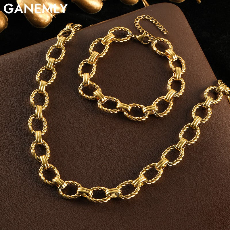 GANEMLY Conjunto de colar e pulseira de corrente de metal de aço inoxidável 316L para mulheres, gargantilhas de estilo punk, joias à prova d'água, presente feminino
