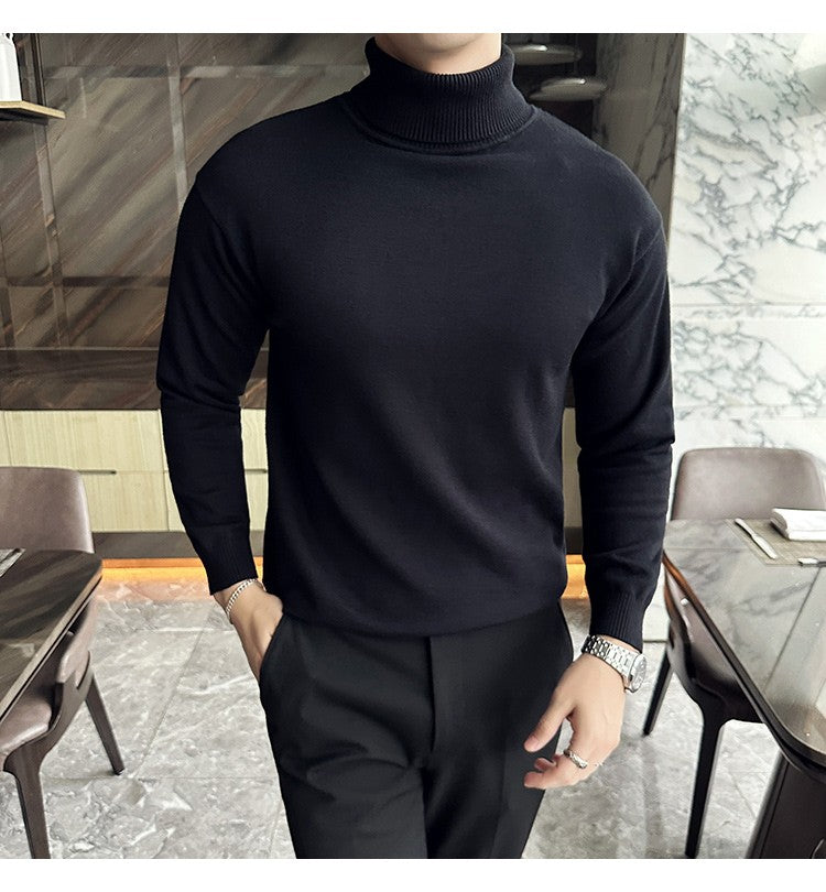Korean Fashion Autumn Winter Sweaters Men Pullovers Fleece Turtleneck Knitted Sweatshirt Warm Bottoming Shirts